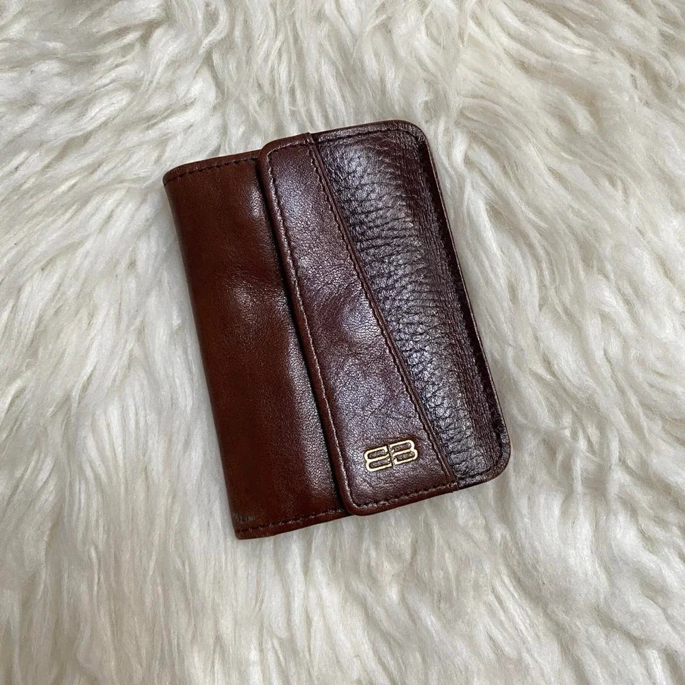 BALENCIAGA BROWN LEATHER CARD KEYS ID HOLDER SINGAPORE SOUVENIR TEXTURED PANEL